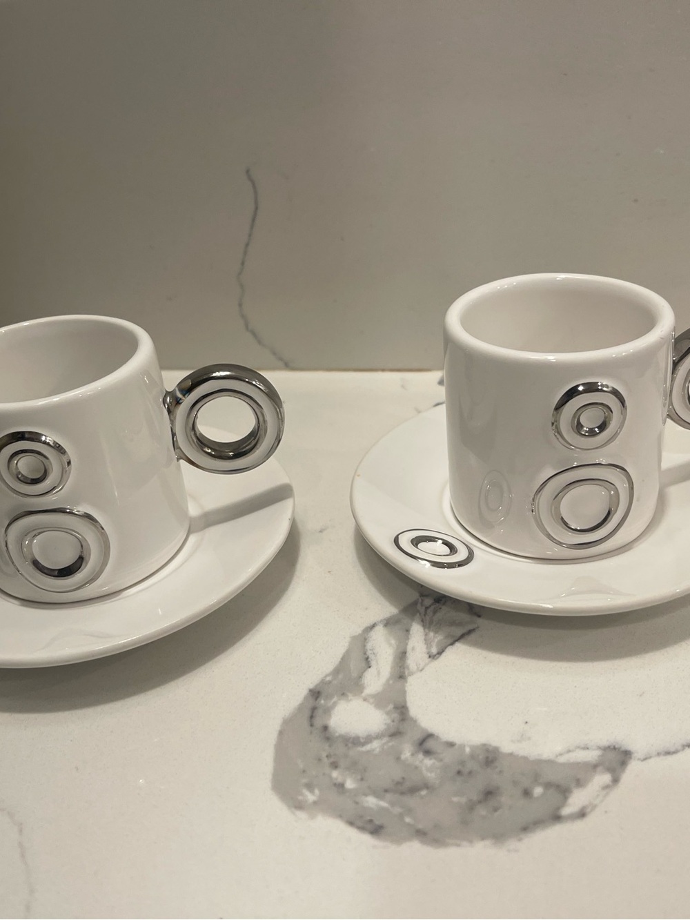AWhite Espresso Cups & Saucers with Silver Ring Details